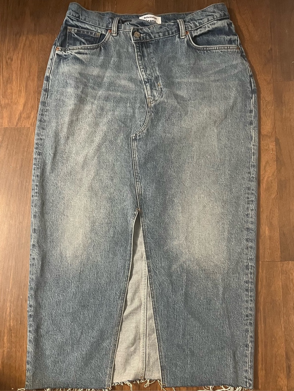 Reformation Nila Long Denim Skirt Size 31 Blue Wash Front Slit Raw Hem